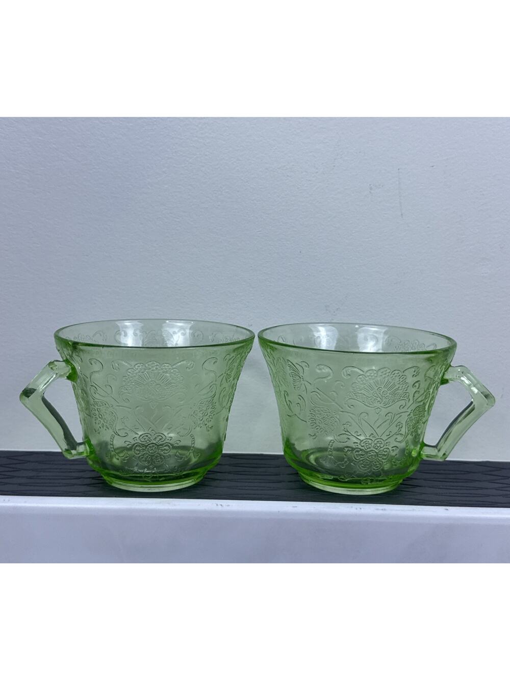 Jeannette Glass Floral Green Uranium Glass Tea Cups Set of 2 UV Reactive Glows